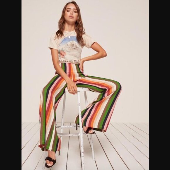 Reformation Clare Striped Multicolor Cropped Wide Leg Pants 0 - Picture 1 of 8